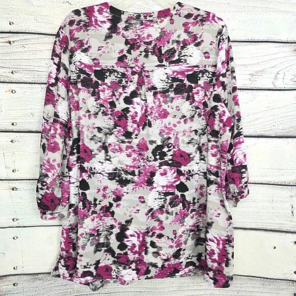 CJ Banks 2X Pink Gray Floral Long Sleeve Tunic - Picture 5 of 10